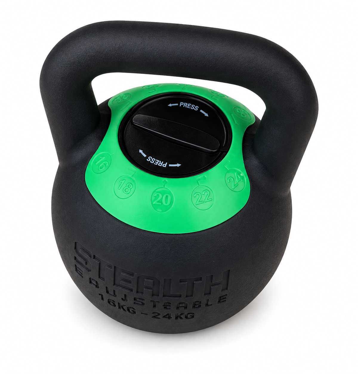 Kettlebell ajustable Stealth 16-24 kg negro mate con dial verde