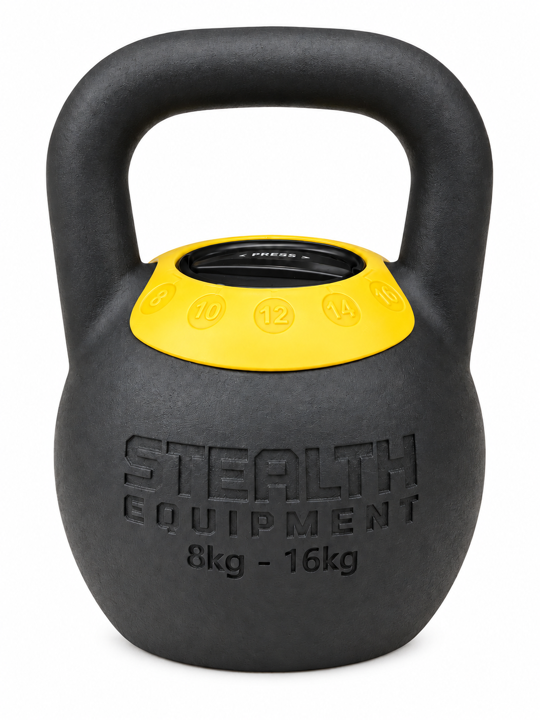 Kettlebell ajustable Stealth 8–16 kg negro mate con dial amarillo